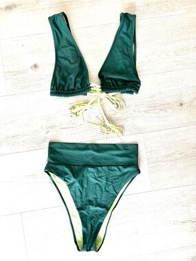 Aerie Deep Green High-Waist Bikini Set with Lime Accents, Sz XS